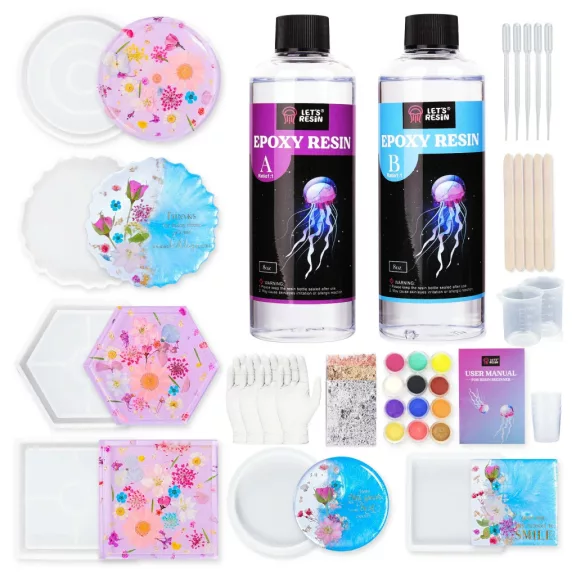 Let's Resin epoxi öntőgyanta alátétkészítő szett - 500 ml, alátét öntőformákkal, színezékekkel