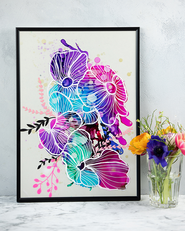 Virágos fluid art kép alkoholos tintával és YONO markerrel